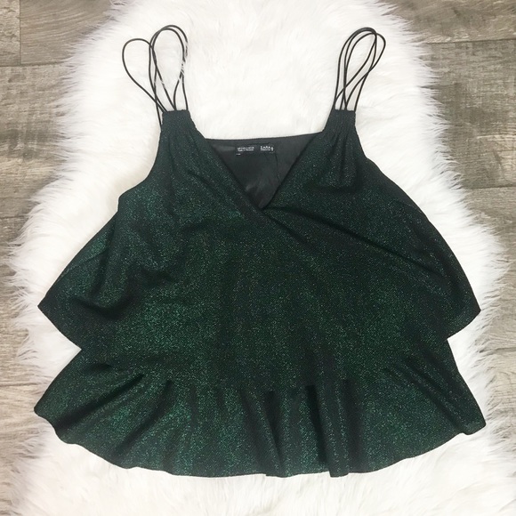 Zara Tops - 🍩Zara Sparkly Green Black Ruffled Tank Top Small